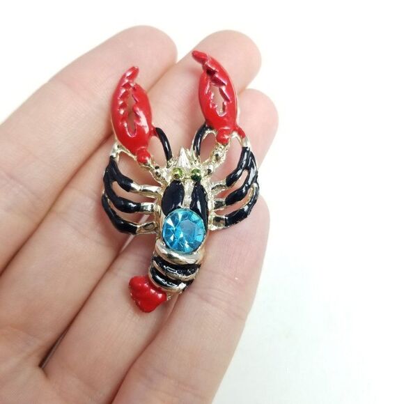 Vintage Lobster Crawfish Enamel Brooch with Blue Rhinestone, Retro Lapel Pin - Picture 1 of 6